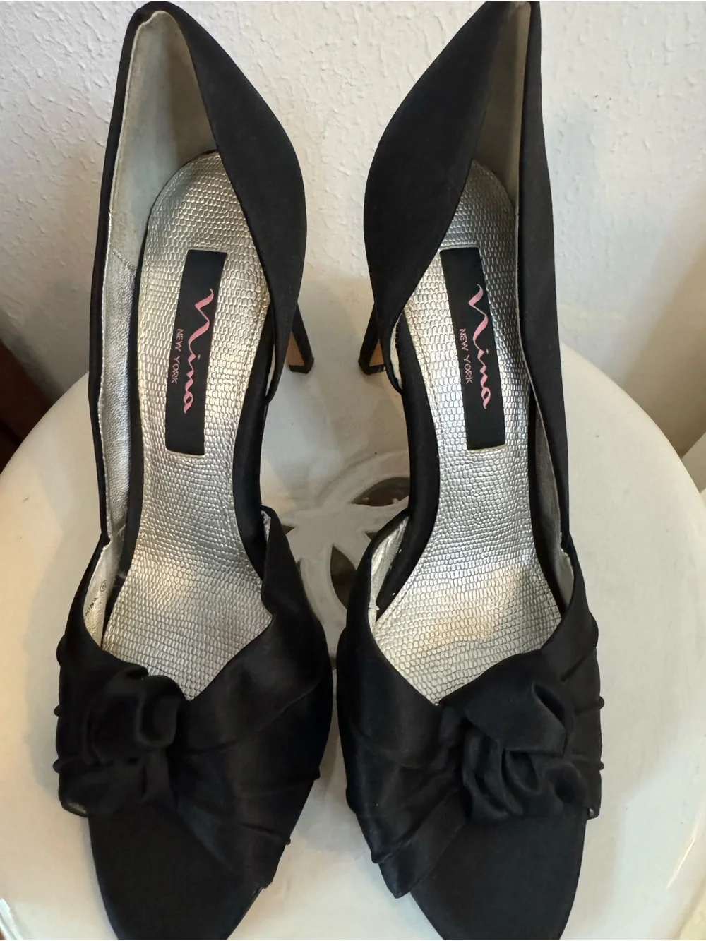 Nina Black Satin Peep-Toe Heels with Front Knot
